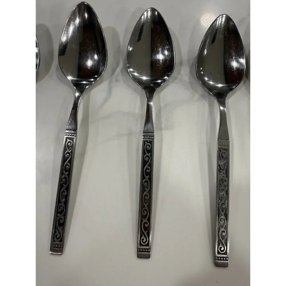 VINTAGE Oneida Spanish Court Soup Spoons Lot 6 Stainless Black Scroll Flatware